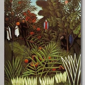 May include: A vibrant jungle scene painting featuring monkeys, a parrot, and lush foliage. The artwork showcases a dense forest with orange fruits, green leaves, and a blue sky, creating a colorful and detailed depiction of the jungle.