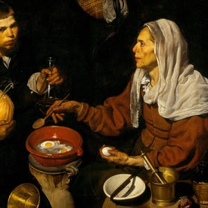 May include: A painting depicting a kitchen scene with two figures. One figure, wearing a white head covering, stirs a red bowl with eggs. Another figure holds a bottle and looks on. Various kitchen utensils are visible.