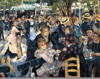 May include: Impressionist painting depicting a lively outdoor scene with numerous figures. People are gathered, some dancing, others seated at tables. The artwork features a rich palette of colors, capturing a sense of movement and social interaction.