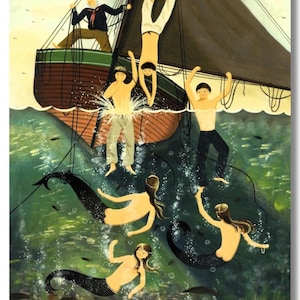 Puede incluir: Ilustración vintage de un barco con marineros y sirenas. La obra presenta un barco con casco marrón y vela negra, marineros en cubierta y sirenas nadando en el agua. La paleta de colores incluye tonos de azul, verde, marrón y beige.