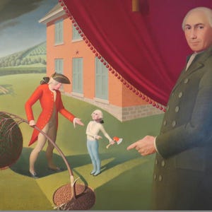 Puede incluir: Una pintura que representa una escena histórica con figuras vestidas con ropa de época. Un hombre con un abrigo rojo gesticula hacia un niño pequeño que sostiene un hacha. Otro hombre con un abrigo verde señala al niño. Una casa y un paisaje están en el fondo.