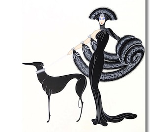 Sinfonía de Erte en lienzo negro, impresión Art Déco de mujer y galgo