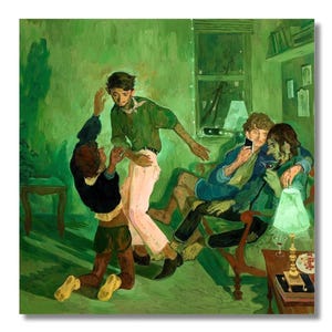 以下が含まれることがあります： 緑色のトーンの油絵で、複数の人物がいる室内を描いています。一人の人物がひざまずき、立っている別の人物に手を伸ばしています。二人の人物がソファに座っており、一人は携帯電話を見ており、もう一人は飲み物を持っています。ランプと小さなテーブルが見えます。