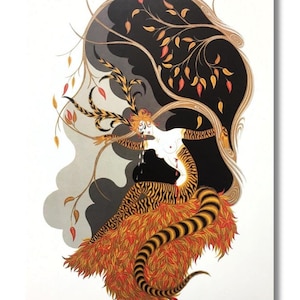 May include: Art Deco style illustration of a nude figure with a tiger-striped torso and a long, black, snake-like tail. The figure is surrounded by stylized foliage in shades of black, gold, orange, and red, set against a white background.