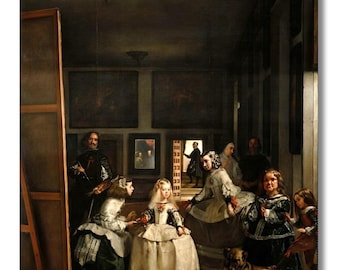 May include: A detailed painting depicting a room with several figures, including a young girl in a white dress, a dog, and a man holding a paintbrush. The room features framed paintings on the walls and a large canvas.