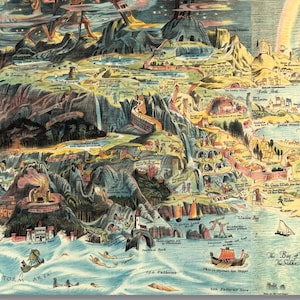 May include: A detailed, vintage map illustration with a fantasy theme. The map depicts a mountainous landscape with various locations, ships, and mythical creatures. The color palette includes blues, greens, browns, and yellows, creating a whimsical and imaginative feel.