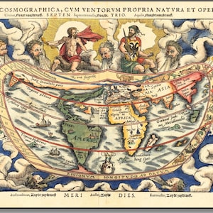May include: An antique world map with Latin text and illustrations of figures and celestial elements. The map depicts continents, oceans, and geographical features, with a decorative border and a vintage aesthetic.