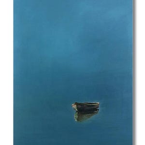 May include: An oil painting depicts a small boat floating on a calm, blue body of water. The boat is dark, with a subtle reflection in the water. The sky is a gradient of blue, creating a serene and minimalist landscape.