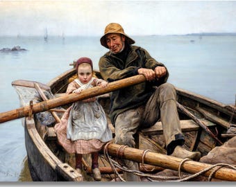 Helping Hand, 1881, Emile Renouf, Old Fisherman helping young girl to row the boat, Emile Renouf art print,Emile Renouf art poster,seascapes