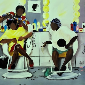 May include: A painting of a hair salon interior. Three figures are seated, with one braiding another's hair. The scene includes hair care products, mirrors, and a black bin. The colour palette is dominated by yellow, white, and black.