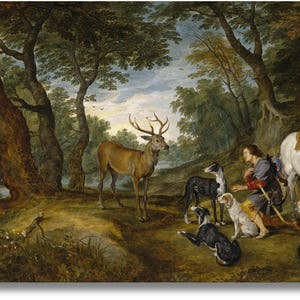 May include: A detailed painting of a forest scene with a deer, dogs, a white horse, and a person. The deer stands prominently with large antlers. The person is kneeling, surrounded by dogs. The horse is saddled.