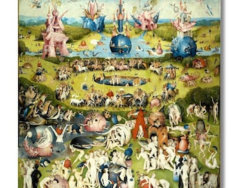May include: A framed print of Hieronymus Bosch's "The Garden of Earthly Delights" triptych. The artwork depicts a vibrant, surreal landscape filled with figures, creatures, and fantastical architecture. The color palette includes greens, blues, pinks, and browns.