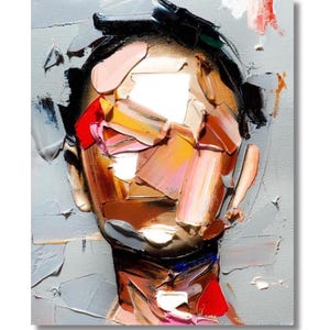 May include: Abstract oil painting of a human face. The artwork features a palette of warm tones, including shades of peach, orange, and brown, contrasted against a grey background. The brushstrokes are thick and textured, creating a three-dimensional effect.