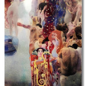 Könnte beinhalten: Gerahmter Druck eines Gemäldes von Gustav Klimt. Das Kunstwerk zeigt eine zentrale Figur in einem rot-gold gemusterten Kleid, umgeben von nackten Figuren und fließendem Haar. Die Farbpalette umfasst Rot-, Gold-, Blau- und Hauttöne.