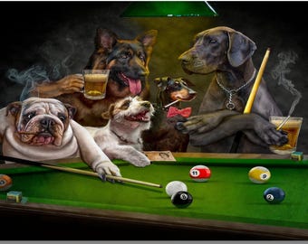 Dogs Playing Billiards Canvas Wall art,Funny Pet Portrait,Billiards Lover Gift,Pets Playing Pool,Dog Lover Gift Man Cave Gift ,ready to hang