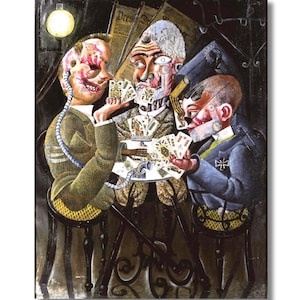 Peut inclure: Peinture à l'huile représentant trois personnages jouant aux cartes autour d'une petite table. Les personnages ont des caractéristiques mécaniques et portent des vêtements d'époque. L'arrière-plan comprend un journal et une lumière tamisée.