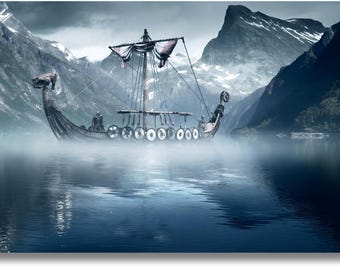 Vikings Ship Canvas Art,Viking Ship in Misty Fjord with Snow Capped Mountains in Background, Ragnar Lodhbrok Poster,Viking Poster Canvas Art