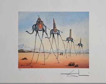 Litografía firmada a mano por Salvador Dalí / Impresión original de elefantes y jirafas / Arte surrealista raro de colección