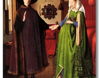 May include: A painting from the Renaissance period shows a couple in a room. The man wears a black hat and a burgundy cloak with fur trim. The woman is in a green dress and white headdress. A small dog stands on the wooden floor.