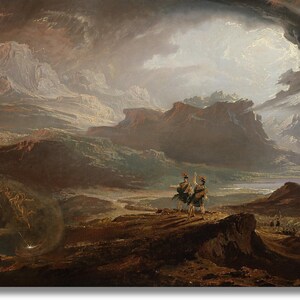 May include: An oil painting depicting a dramatic landscape with mountains, a lake, and figures in traditional attire. The sky is filled with dark clouds and a bright light. The painting has a classical style and a sense of grandeur.