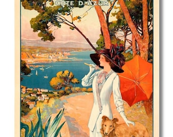 Póster vintage de viaje francés de Antibes, Costa Azul, arte mural Art Déco francés, lámina retro de la Riviera para amantes de la decoración del hogar, arte de David Dellepiane