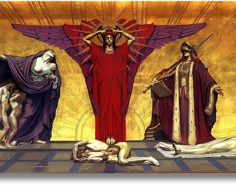 Può includere: Un dipinto raffigurante una scena drammatica con figure in abiti fluenti. Una figura centrale in rosso si erge davanti a un'esplosione solare dorata, affiancata da figure in viola e bordeaux. L'opera evoca la mitologia classica.