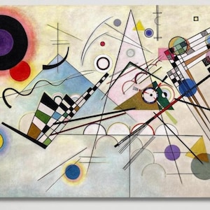 Puede incluir: Impresión de arte abstracto con formas geométricas y líneas en varios colores. La obra incluye círculos, triángulos y cuadrados, con una paleta de negro, rojo, azul y amarillo sobre un fondo claro. La composición es dinámica y visualmente atractiva.
