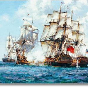 Può includere: Un dipinto a olio raffigurante una battaglia navale con diverse navi alte su un mare blu mosso sotto un cielo nuvoloso. Le navi hanno vele bianche e sparano cannoni, con bandiere rosse e blu. L'opera evoca un senso di conflitto storico.