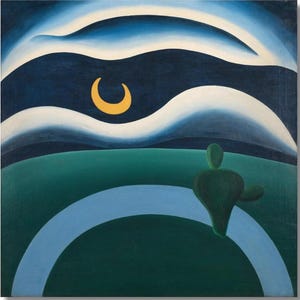 May include: Abstract painting featuring a crescent moon in a dark blue sky with white and blue cloud-like shapes. A green landscape with a light blue arch and a green figure is in the foreground. The artwork has a minimalist style.