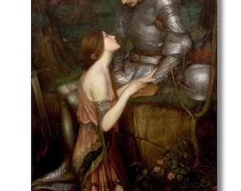 May include: A painting depicting a knight in silver armor and a woman in a flowing gown. The woman kneels, gazing up at the knight, with a forest background. A helmet rests nearby, and a sword is visible.