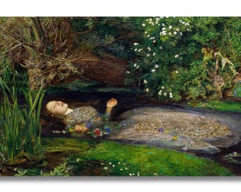 May include: A painting depicting a woman floating in a stream, surrounded by lush greenery and flowers. The woman is wearing a detailed gown, with her head tilted back. The water reflects the surrounding foliage, creating a serene and melancholic scene.