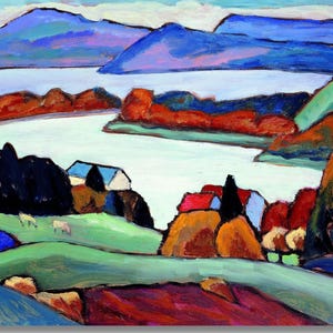 Könnte beinhalten: Abstrakte Landschaftsmalerei mit einem See und Bergen. Das Kunstwerk verwendet kräftige Farben, darunter Blau, Grün und Rot, um die Natur darzustellen. Im Vordergrund sind kleine Häuser mit roten und blauen Dächern zu sehen.