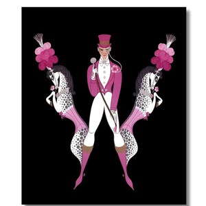 May include: An illustration of a figure in a pink suit and top hat, holding a whip and microphone. The figure is flanked by two stylized horses with pink and white wings, set against a black background. The horses have pink floral accents.