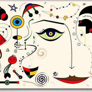 May include: Abstract art print featuring a stylized face with a green eye, brown lips, and a long nose. The artwork incorporates various shapes and colors, including red, black, yellow, and blue, against a cream background. The design includes geometric and organic forms.