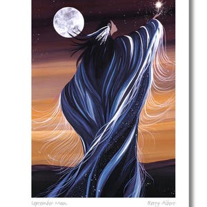 May include: An artistic print titled "September Moon" by Betty Albert. The artwork depicts a figure in flowing blue robes reaching towards a star, with a full moon and starry sky in the background. The color palette includes blues, purples, and oranges.