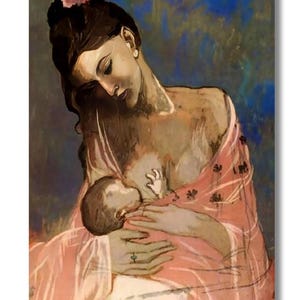 May include: An artistic painting of a mother breastfeeding her child. The mother is wearing a pink shawl and has a flower in her hair. The background is a mix of blue and brown tones. Signed "Picasso 40".