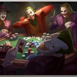 May include: An artistic depiction of several Jokers playing poker. The characters are dressed in purple, red, and green suits, with white face paint and green hair. A Batman card is visible. The poker table is green with poker chips and playing cards.