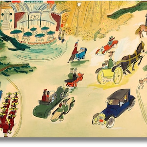 May include: An illustration depicting a park scene with people, cars, and a horse-drawn carriage. The artwork features a bandstand, trees, and figures in vintage attire. The color palette includes greens, yellows, and blues.