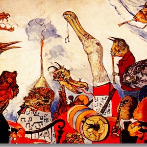 May include: A surrealist painting featuring anthropomorphic creatures playing musical instruments. The artwork, signed "ENSOR 31", depicts a bizarre orchestra with avian and fish-like figures in a vibrant, chaotic composition.