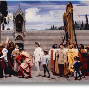 May include: A detailed painting depicts a procession of people in Renaissance-era clothing. The scene includes a tall, ornate structure and a large, decorated object being carried. The color palette is rich, with reds, golds, and blues dominating the scene. The sky is a bright blue with fluffy clouds.