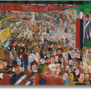 May include: A colorful painting depicting a large crowd of people, flags, and banners. The words "VIVE LA SOCIALE" are visible on a banner. The artwork features a vibrant palette of reds, greens, blues, and yellows, with many figures.