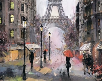 May include: An impressionistic painting of a rainy Parisian street scene. The Eiffel Tower is visible in the background. Figures with umbrellas walk along the wet cobbled street, past street lamps and buildings.