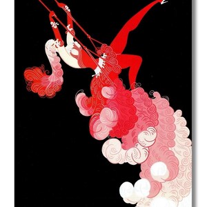 May include: Art Deco illustration of a figure in red, suspended from ropes against a black background. The figure is mid-air, with one leg extended. The artwork features a cascade of pink and white cloud-like shapes.