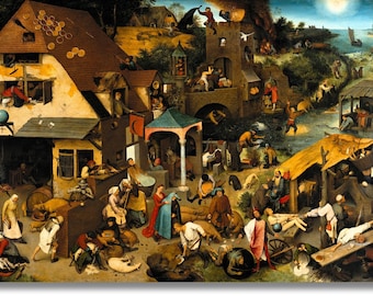 May include: A detailed painting depicting a bustling village scene with numerous figures engaged in various activities. Buildings with brown roofs and a tower are visible, along with a river and boats. The artwork features a warm color palette.
