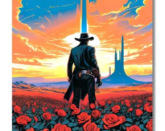 Futuristic Cowboy canvas wall Art, Surreal Canvas Print, Sci-Fi Wall Decor, Sci-Fi Wall Art, Fantasy Western Print, Sci-Fi Western Poster
