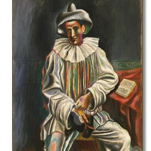 May include: Oil painting of a seated figure in a Pierrot costume. The figure wears a white ruffled collar, a striped tunic with colorful vertical stripes, and a matching hat. A book rests on a red draped surface.
