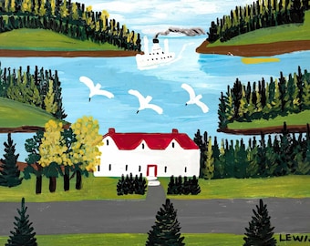 Maud Lewis Folk Art Print - White House & Lake Landscape, anadian Naive Art Poster,Joyful Seaside Landscape