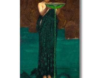 May include: A painting of a woman in a dark green dress holding a green bowl, pouring liquid into a body of water. The background features a dark forest and water with bubbles.