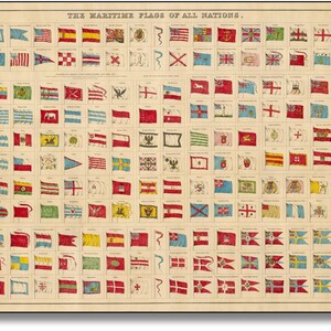 Può includere: Una stampa antica intitolata "THE MARITIME FLAGS OF ALL NATIONS" con numerose bandiere colorate. Le bandiere sono disposte in una griglia, mostrando vari disegni e motivi. La stampa ha un'estetica vintage, con uno sfondo color crema e un bordo nero.