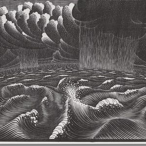 Puede incluir: Ilustración en blanco y negro de un mar tormentoso con grandes olas y cielos oscuros y nublados. La lluvia cae de las nubes sobre el agua. La imagen tiene una apariencia detallada y texturizada, con el texto "12-25 GEN.1-6-8" en la esquina superior derecha.